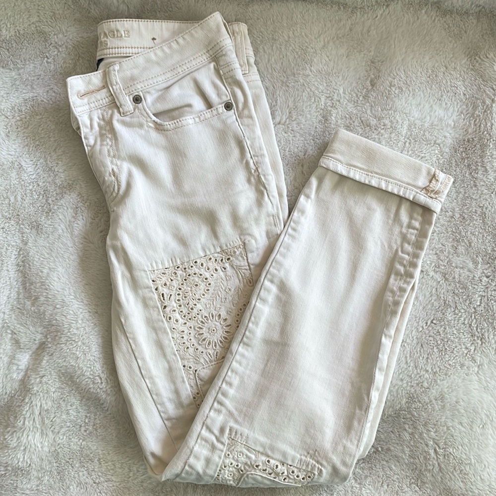American Eagle Cream Coloured Patchwork Stretch Skinny Jeans